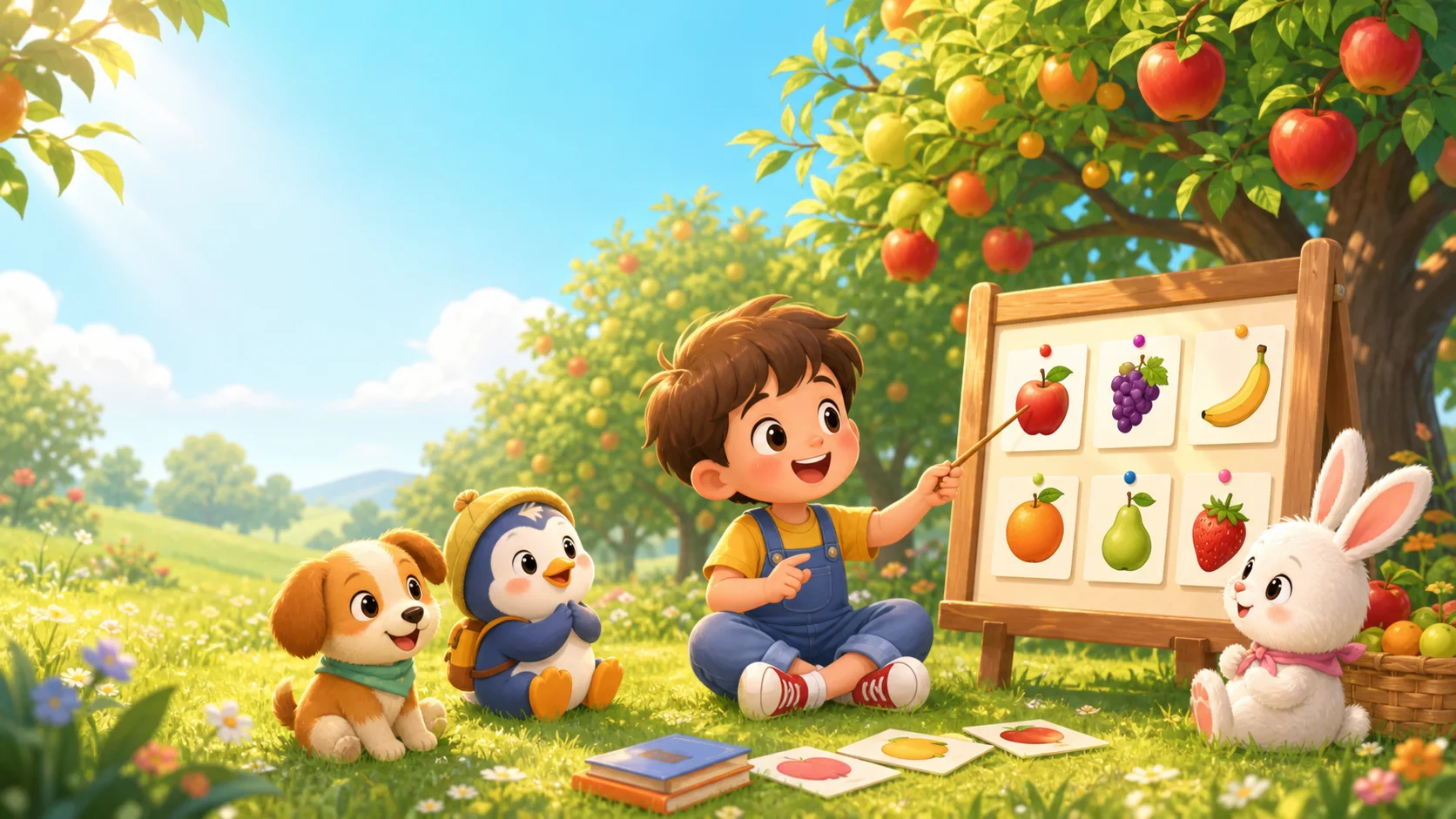 孩子和动物伙伴在果园里快乐学习